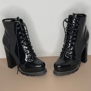 Liliana Glossy Black Lace-Up Boots a little over 4.5 inch heel
